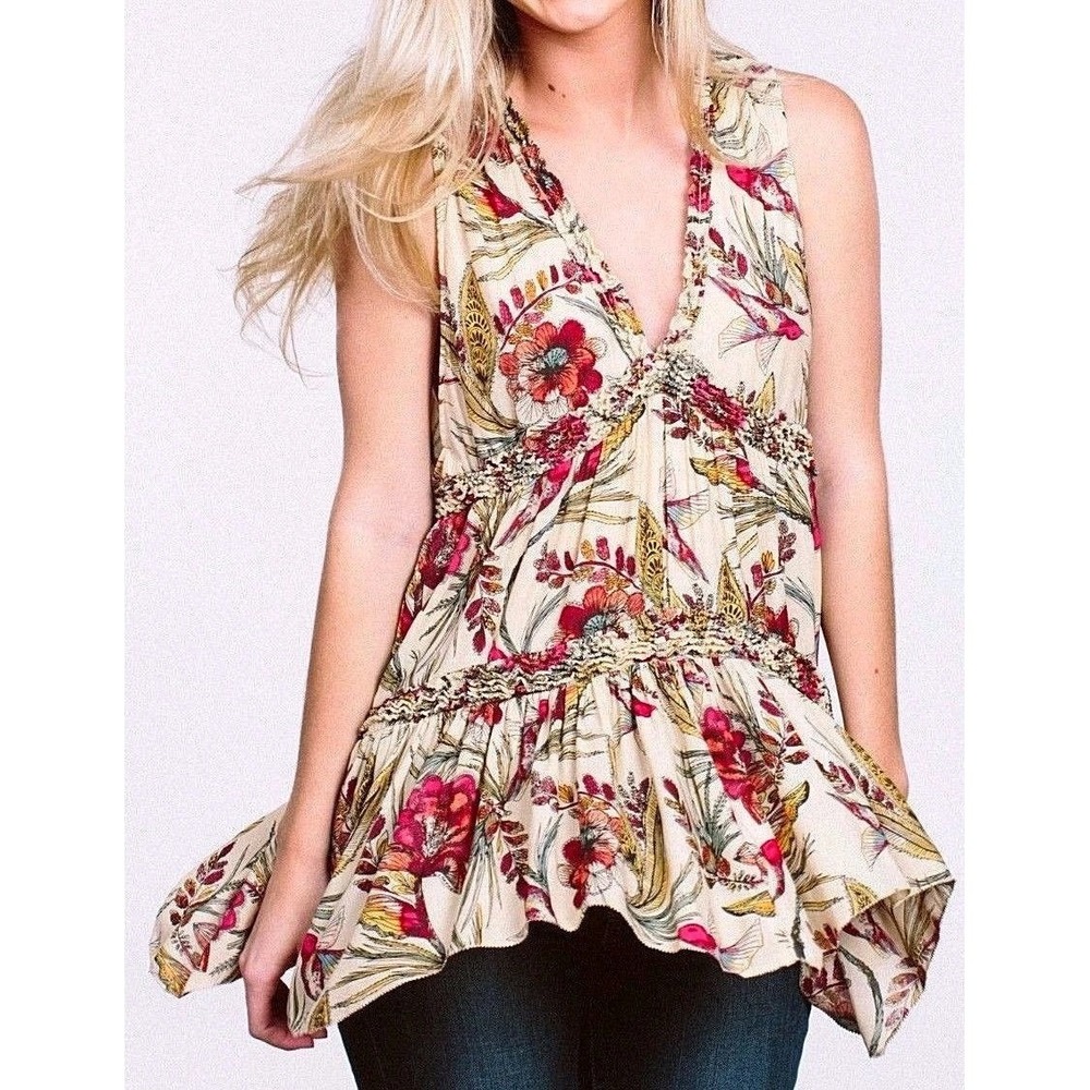 Free People‎ S Purple Haze Hummingbird Floral Print Tiered Tunic Boho Top